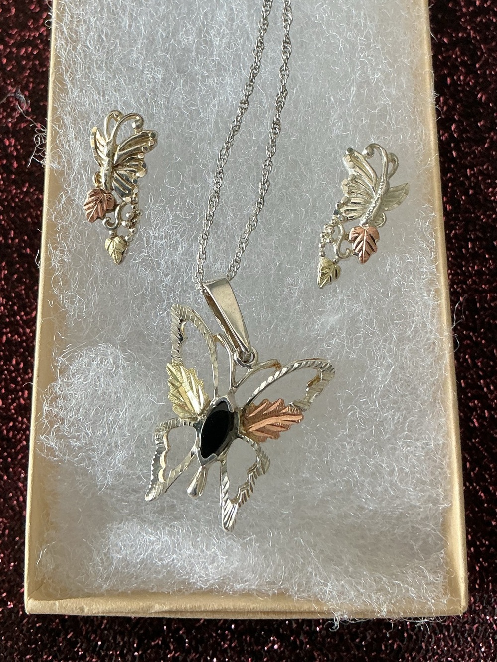 Black Hills Gold Sterling 12K Onyx Butterfly Necklace Earrings